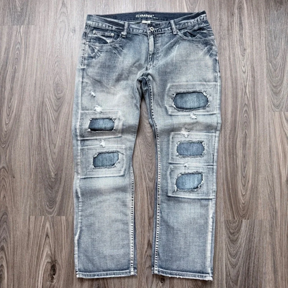 FLYPAPER Jeans Mens W36 L30 Straight Leg Distressed Denim Ripped Patched